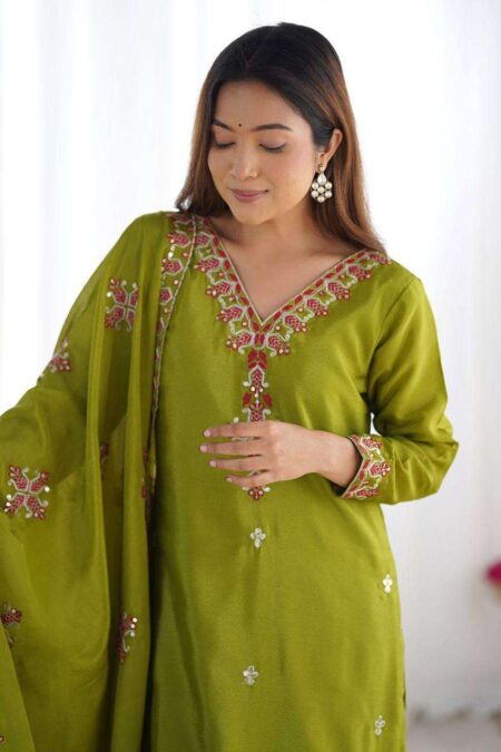 Women's Chinnon Silk Embroidery Sequence Work and Lace Work Straight Kurti With Pant and Dupatta