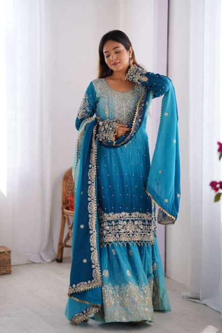 Women's Chinon Silk Sequence With Rivet Moti Work Straight Kurta With Sharara and Dupatta Set