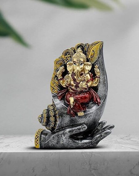 Lord Ganesha Statue on Palm Hand  Gold and Red, 8.5 x 7 inch  Handmade Hindu Idol, Spiritual Home Decor, Pooja Room Figurine