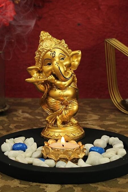 Lord Ganesha Statue with Tealight Holder Wooden Base Decorative Showpiece