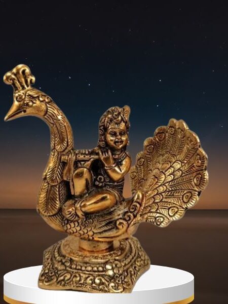 Handcrafted Laddu Gopal Playing Basuri on Peacock Decorative Showpiece - 15 cm, Gold Metal Craft