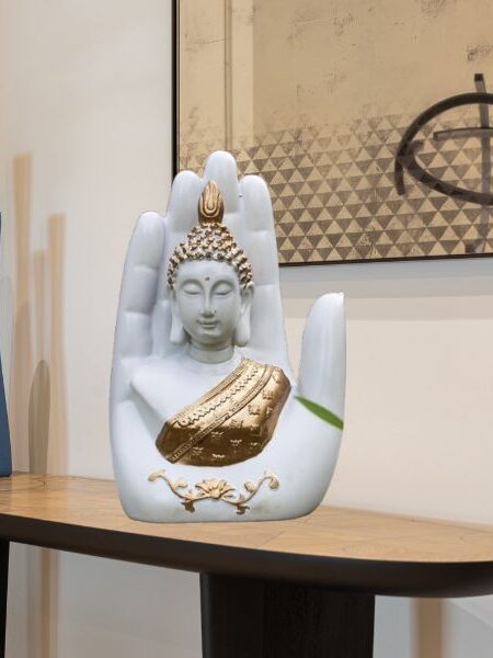 Polyresin Hand Palm Buddha Idol Showpieces for Living Room,Gift Items for Diwali,Decoration Item for Home décor,Table Decorations (White Buddha)