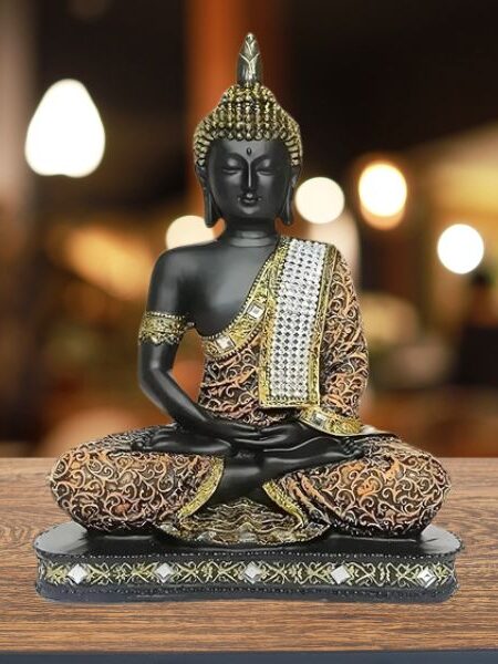 Meditating Sitting Buddha Statue Showpiece Idol – Home Decor Item for Living Room & Gifts (1, Orange Black)